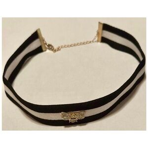 Black White Stripe Bee Choker Rhinestone Gold Tone Necklace